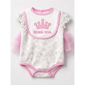 Baby Mode Born Diva Pink Trim Baby Onesie with Crown Bib 6-9 months NWT